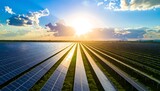 Wide shot of a large solar farm at sunset