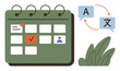 © robu_s - Open calendar marked with icons, speech bubbles featuring language translation signs, and decorative plants. Ideal for scheduling, planning, productivity, workflow, language learning, task