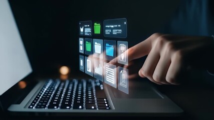 Person Interacting With Digital Interface Overlay On Laptop In Dimly Lit Environment