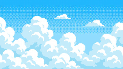 Wall Mural - pixel art blue sky background with white clouds. digital cartoon landscape for game design asset or 