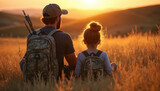 Father, daughter sit in golden field at sunset. Dressed in camouflage backpacks, share peaceful moment of bonding. Father wears cap, arrows in backpack, suggesting outdoor activity like hunting