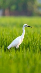 white bird in a field of green grass