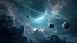 © baehaqi - Cosmic vista A grand planetary system bathed in celestial light, ringed gas giant dominating