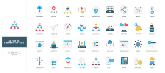 Modern flat style icons set showing network communication, data sharing, cloud, security, and digital technology concepts for web, apps, and IT projects isolated vector illustration