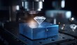 © fareeha - A diamond, suspended above a blue, structured surface, is being examined under a microscope in a high-tech machine.  Sparkles emanate from the diamond