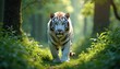 © miss irine - Majestic white tiger strides through rich green forest, piercing blue eyes fixed on camera. Powerful predator walks with grace, embodying wild beauty, conservation importance for rare endangered