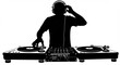 © abida ahmad - Silhouette of dj with headphones at turntables mixing music in a dark room with a white background vreated with genrated ai