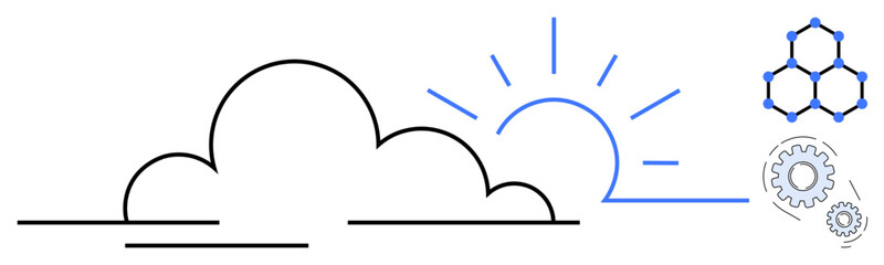 Cloud with rising sun, network hexagons, and gears representing technology, innovation, and connectivity. Ideal for cloud computing, technology, digital transformation, teamwork innovation