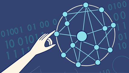Hand Interacting with Network of Nodes and Binary Code Illustration.