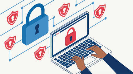 Laptop with Security Lock and Shields Illustration.