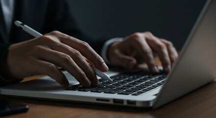 Close-up of Hands Typing on Laptop Keyboard with Stylus Pen