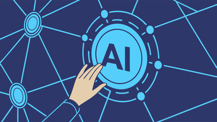 Artificial Intelligence Network with Hand Interaction on Dark Blue Background.