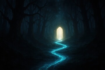Wall Mural - Mysterious fantasy portal pathway leading through enchanted forest to unknown realm
