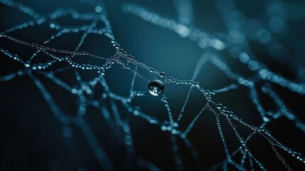 Dew drops on a spider web in early morning, glistening like jewels, macro photography, spring freshness