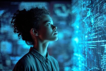 Young woman coder surrounded by floating code projections, symbolizing programming, innovation, and the future of technology.