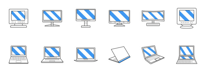 variety of computer monitors and laptops with a consistent blue diagonal striped screen design.