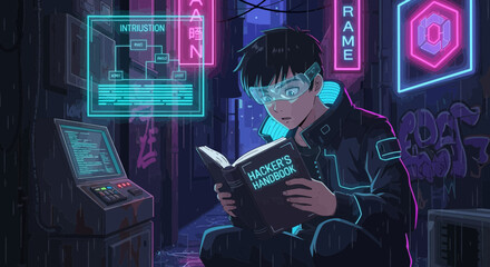 Cyberpunk Hacker Studying in a Neon-Lit Alley with Glowing Technology