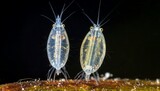 Two translucent crustaceans on a dark background