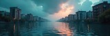 Submerged cityscape, buildings half-hidden under a torrent of water, reflecting a stormy sky A surreal, dreamlike scene of urban flooding , concrete, apocalypse, disaster