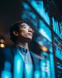 © grey - Close-up of an Asian businessman looking at holographic 3D business charts, symbolizing innovation and global leadership.