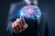 © grey - Business professional pointing at a glowing holographic brain, symbolizing AI, intelligence, and digital transformation.