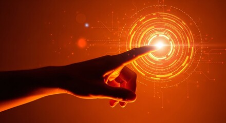 Hand touching glowing digital interface, future tech concept