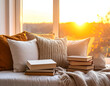 © Diana - Sunlit reading corner featuring a serene window seat with soft pillows and books glowing in the golden hour light.
