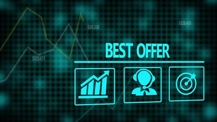 Best Offer business concept on a flashing computer monitor with moving graphs and data.