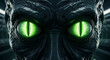 © Satrio - A menacing alien creature with large, glowing green reptilian eyes stares intensely forward.