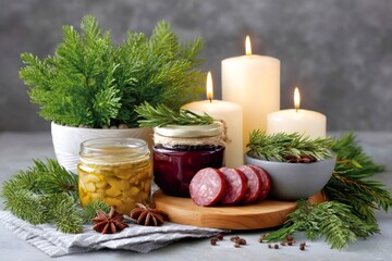 Wall Mural - christmas still life with salami, appetizers, candles and fir branches illuminating cozy winter holi