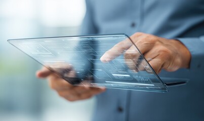 Man interacts with transparent tablet