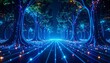 © Firla - Pathway through an enchanted digital forest illuminated by neon blue data streams and glowing roots.