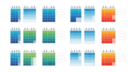 Vector calendar icon set with various color schemes. Modern flat design elements for schedule, date, and time management concepts.