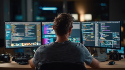 A young Caucasian man with short brown hair sits at a desk, working on multiple computer monitors displaying colorful code and programming interfaces.