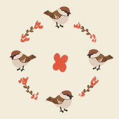 birds and flowers. circle of robins. childish and adorable christmas design of birds.