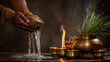 © Dimas - Pitru Paksha fire ritual with water offerings in brass vessels, Hindu Shraddha ceremony performed with devotion and ancestral remembrance for peace and blessings
