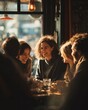 © Olesia Bobrus - Group of happy young adults spending leisure time together in cozy cafe, enjoying conversation and laughter over coffee and snacks, bathed in warm sunlight