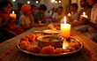 © fu - Night candle procession on Gurpurab Elegant platter with soup and fresh flowers. Children praying during Guru Nanak Jayanti Sikh community celebrating with music and light. High quality