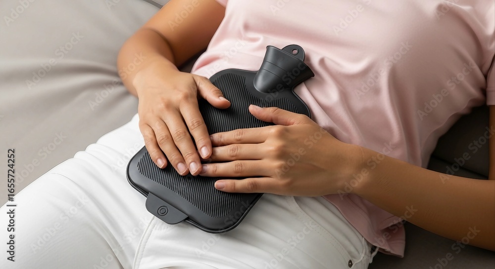 Woman with Hot Water Bottle for Pain Relief | Treatment for Menstrual Cramps, Stomachache and Cold Therapy