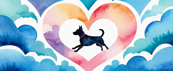 Watercolor illustration of black dog silhouette inside heart frame. Elegant canine silhouette artwork with layered cloud background. Illustration of slender dog with heart motif.
