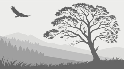 scenic landscape with tree, mountains, and flying eagle vector illustration nature background design