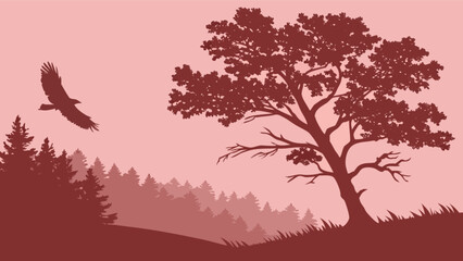 eagle flying over forest landscape silhouette vector illustration nature scenery wallpaper backgroun