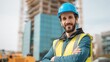 © Johannes - portrait of satisfied construction site manager wearing safety vest and blue helmet with copy space young middle eastern architect watching construction site with confidence and looking at camera no