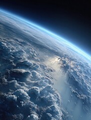 Wall Mural - view of earths curvature from space showing the thin blue atmosphere and vast cloud formations over the planets surface