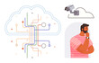 © robu_s - Cloud with circuit lines symbolizing data networks, surveillance camera, and pensive person exploring digital safety. Ideal for data security, privacy, cloud computing, technology awareness
