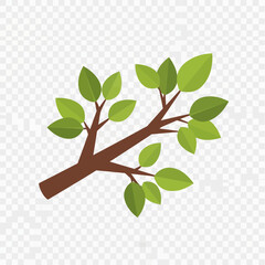 Brown tree branch with green leaves on transparent background.
