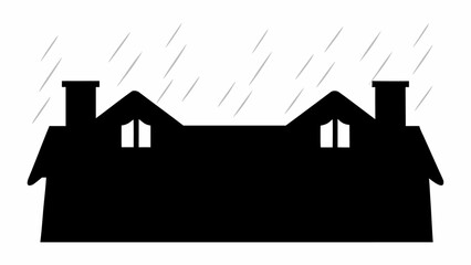Wall Mural - Silhouette of a house with two chimneys and dormer windows under rain in a black and white illustration
