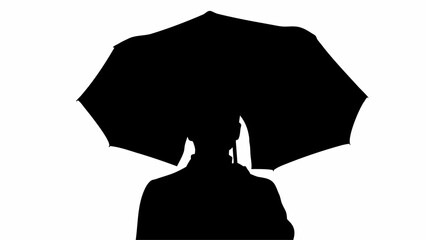 Wall Mural - Silhouette of person holding a large umbrella against a white background on a rainy day weather protection