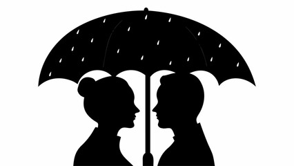 Wall Mural - Silhouette of a couple under an umbrella with raindrops in black and white vector illustration design art