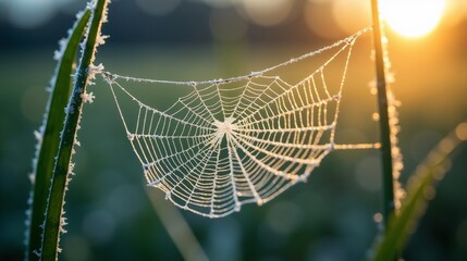 Delicate spiderweb covered in morning dew and frost, illuminated by golden sunlight